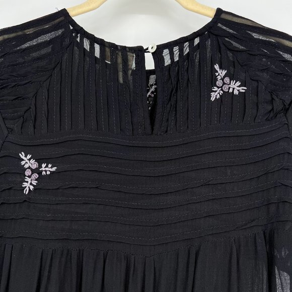 Let It Be Size Small Embroidered Floral Top Sheer Black Blouse Babydoll - Picture 4 of 8